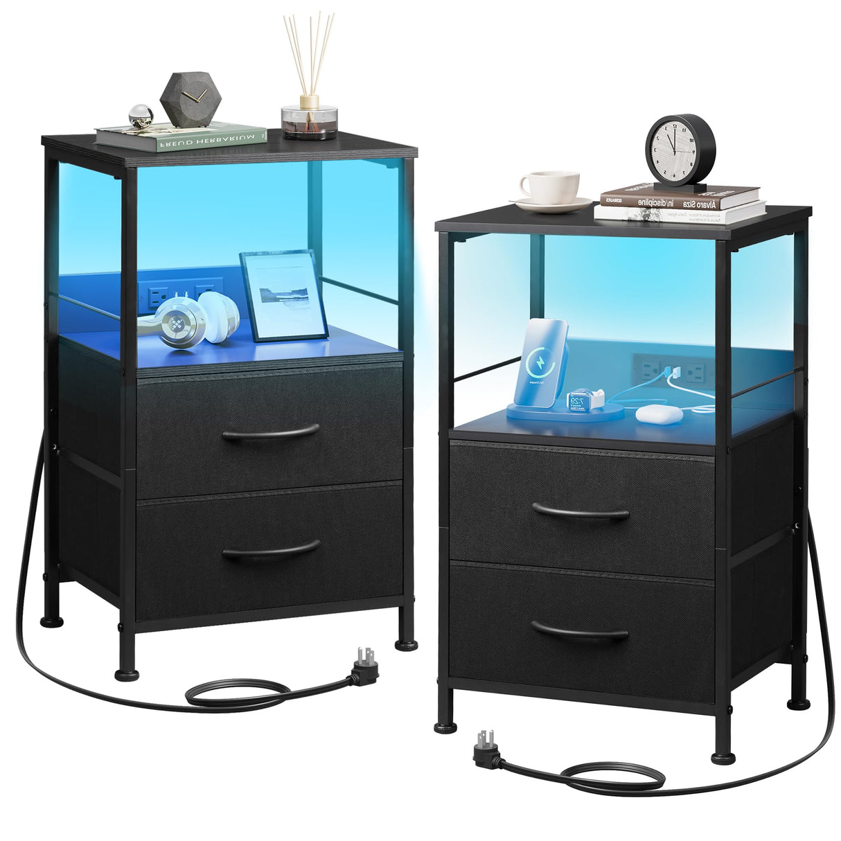 WLIVE Night Stand Set of 2 with Charger Station, Black Nightstand Sets with 2 Fabric Drawers and Storage Shelf, LED Bedside Table, Bedroom Small End Tables with 3 USB Ports and 2 AC Outlets WLIVE
