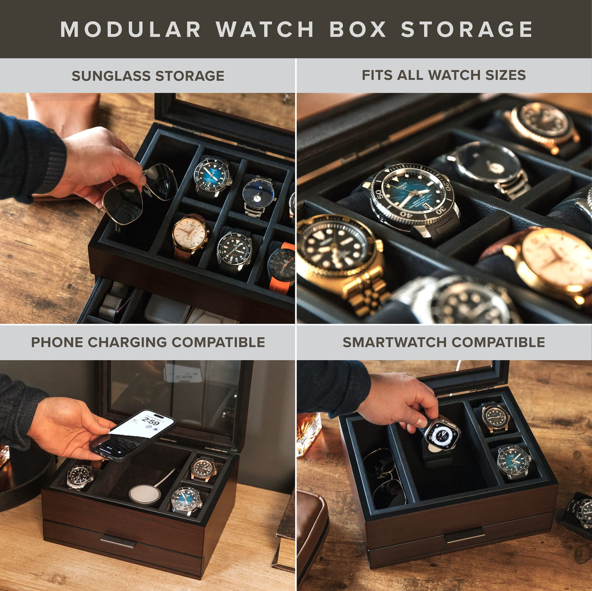 CASE ELEGANCE 8 Slot Watch Box Case Organizer for Men, Cherry Wood Walnut Finish, Watch Display Case, Modular Valet Tray, Apple Watch Compatible with Apple Watch Stand, Accessory Drawer, Pillow Stands CASE ELEGANCE