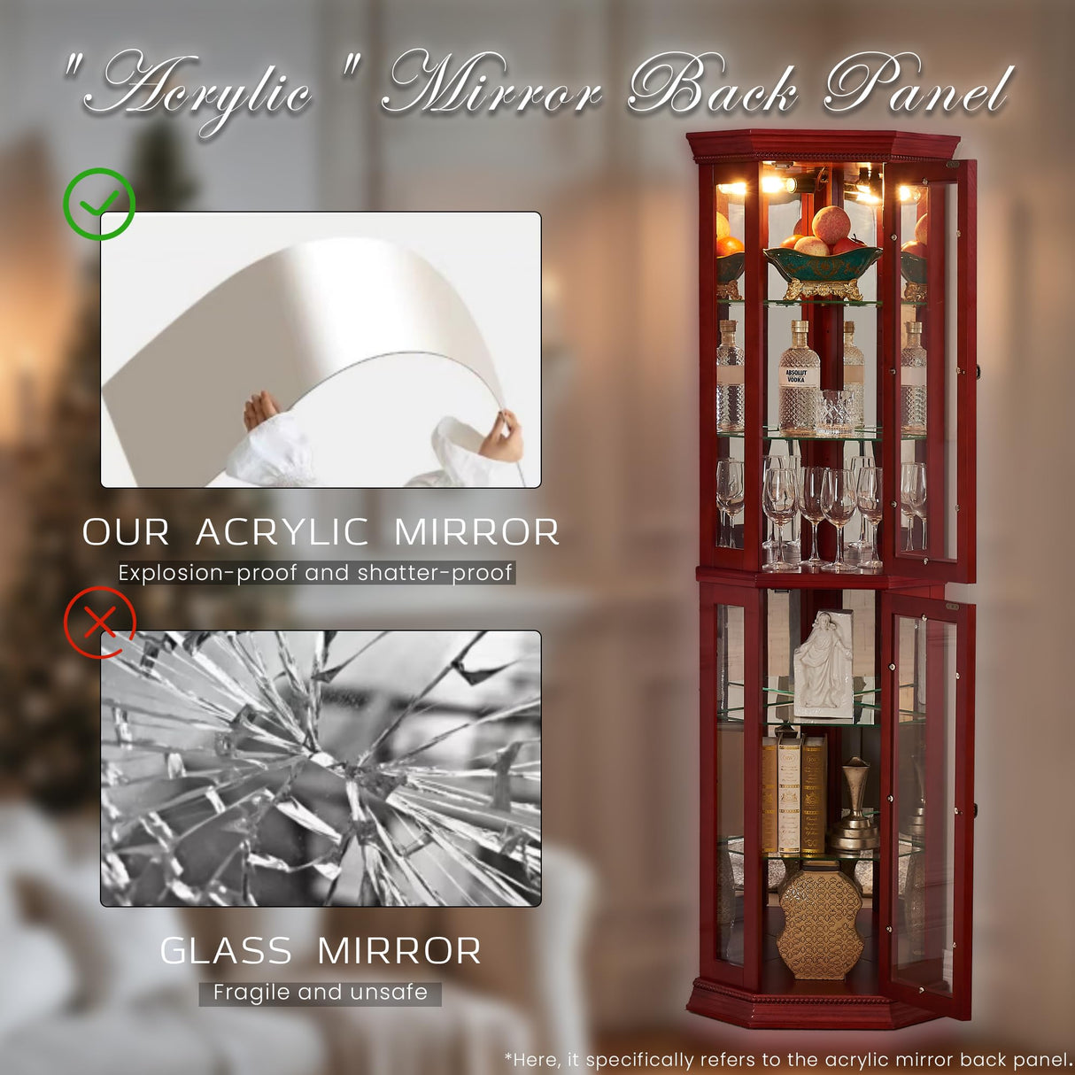 Eyisean Lighted Corner Curio Cabinet 70" Glass Display Cage with 6 Tempered Adjustable Shelves, Freestanding Home Bar Cabinet with Door, Rack for Liquor Storage and Living Room (Cherry) Eyisean