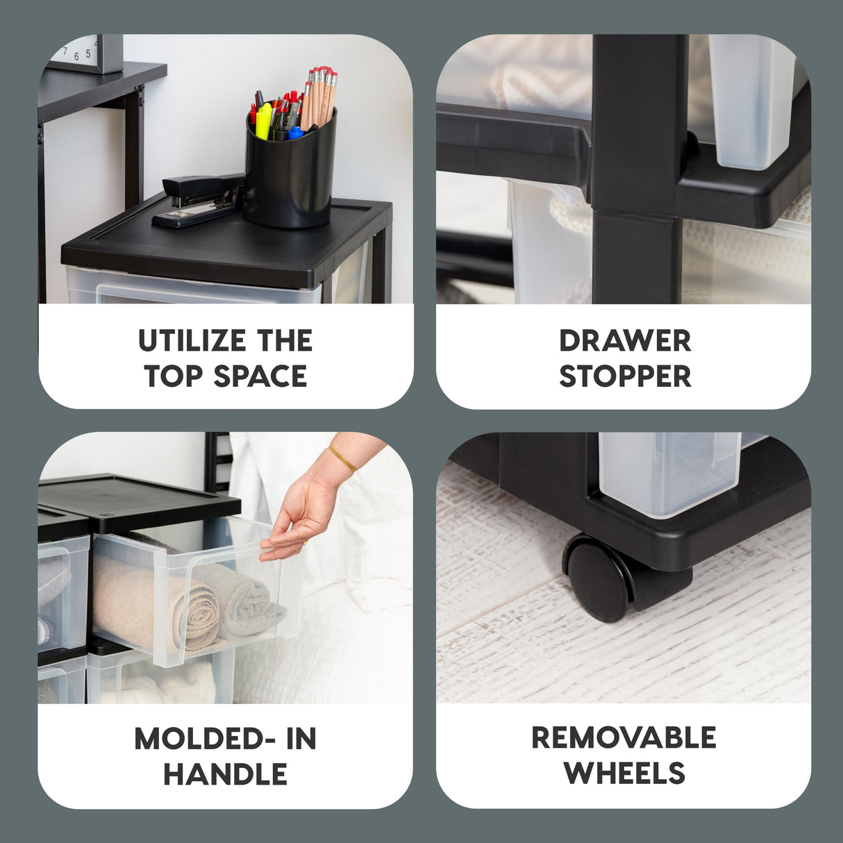 IRIS USA Plastic 3-Drawer Storage Organizer Rolling Cart, with Wheels Casters, 2-Pack, for Classroom Art Supplies Dresser Closet Bathroom Dorm Bedroom Laundry Room, Slim Narrow, Black/Clear IRIS