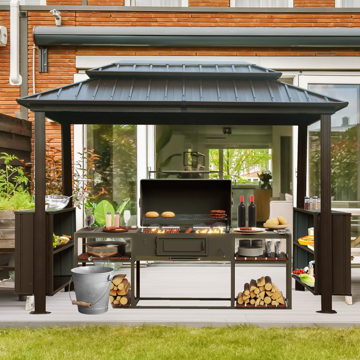 Domi 6x10FT Hardtop Grill Gazebo, Outdoor Metal BBQ Gazebo with Galvanized Steel Double Roof, 2 Double-Layer Storage Cabinets and Ceiling Hooks, Permanent Grill Canopy for Patio Backyard Garden,Brown domi outdoor living