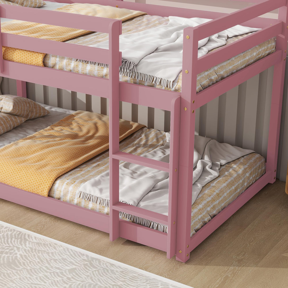 jurmiture Bunk Bed Twin Over Twin, Twin Low Bunk Bed, Floor Bunkbeds with Ladder for Teen Kids Girls Boys, Pink jurmiture