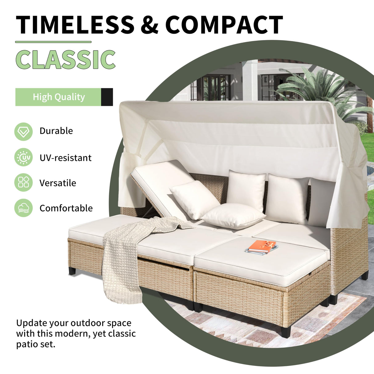 Rattan Outdoor Daybed with Retractable Canopy, 4 Pieces Patio Furniture Sets, Outdoor Sectional Sofa Set with Adjustable Backrest, Chaise Chair Sunbed for Garden Poolside Backyard,Beige Harper & Bright Designs
