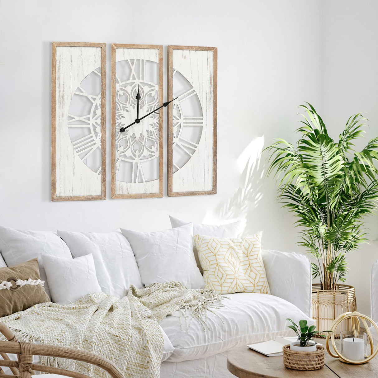 RiteSune Rustic 30" Wall Clocks for Living Room Decor, Oversized Farmhouse Wall Clock Battery Operated, Triptych Panel Wooden Large Clock Wall Art for Bedroom Entryway RiteSune