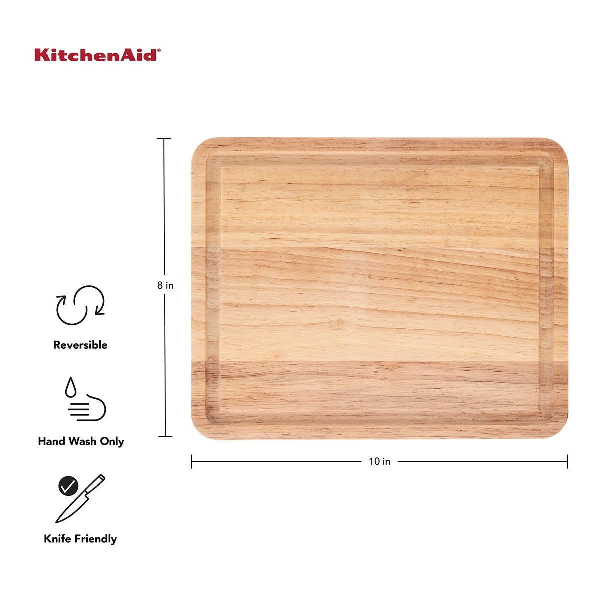 KitchenAid Classic Rubberwood Cutting Board with Perimeter Trench, Reversible Chopping Board, 8-inch x 10-Inch, Natural KitchenAid