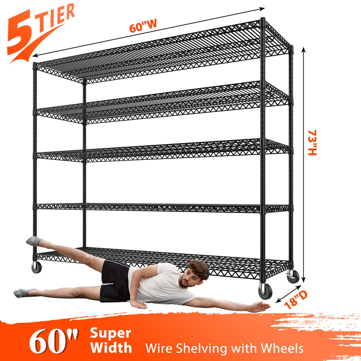 REIBII 73" H Storage Shelves Wire Shelving with Wheels 3200 lbs Heavy Duty Steel Metal Shelving Unit Shelf Rack for Warehouses,Garage, Kitchen, School,Commercial,73" H X 60”W X 18" D REIBII