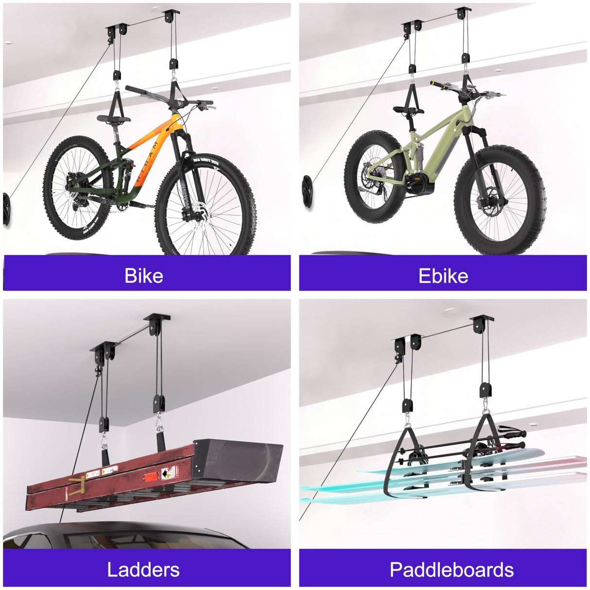 TRUSOON 2 Pack Bike Hoist, Heavy Duty Ebike Lift Pulley System for Garage Ceiling Overhead Storage for Bicycle, Ladders, Snowboard, Holds Up to 85 lbs Capacity, Fit 10-16 Foot High Ceilings TRUSOON