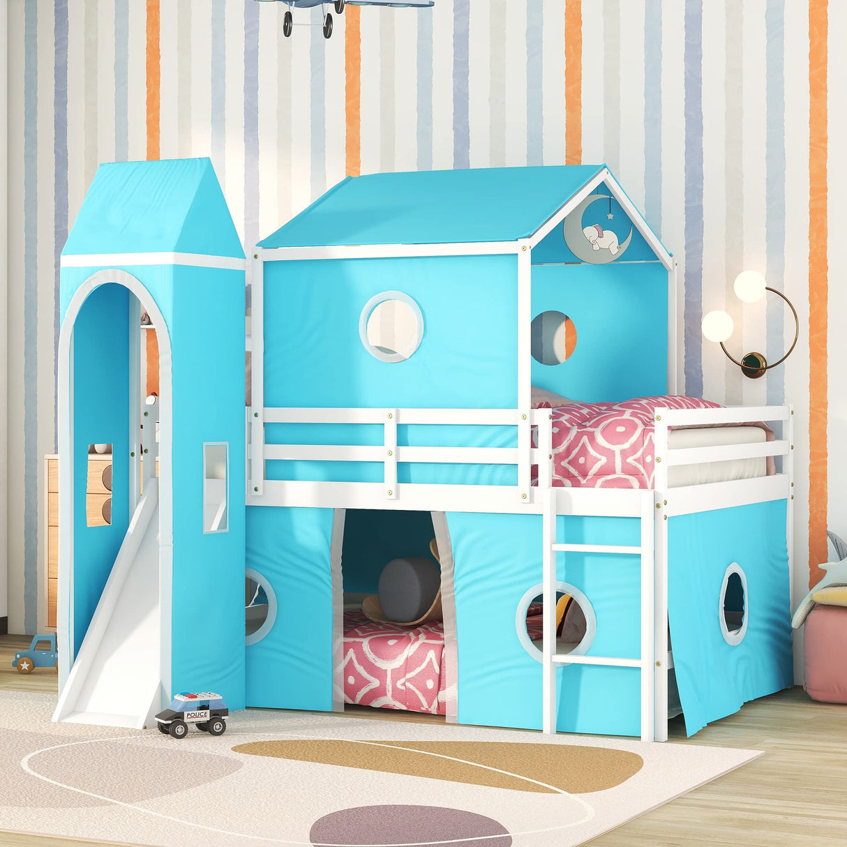 Harper & Bright Designs Blue Full Size Loft Bed with Slide, Curtains, and Tower - Solid Wood Low Loft Frame for Kids Harper & Bright Designs
