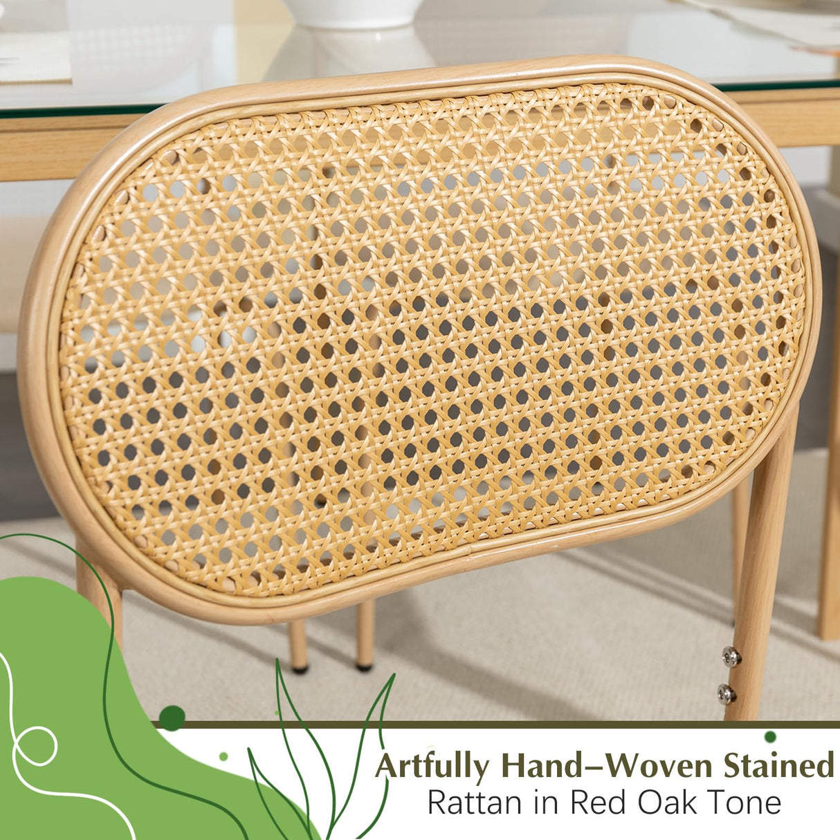 COSVALVE Boho Dining Table Chairs Set of 4, Tempered Glass Tabletop with Rattan Decor, Upholstered Cane Dining Chair with Rattan Back Metal Legs, for Dinner Living Room Reception COSVALVE