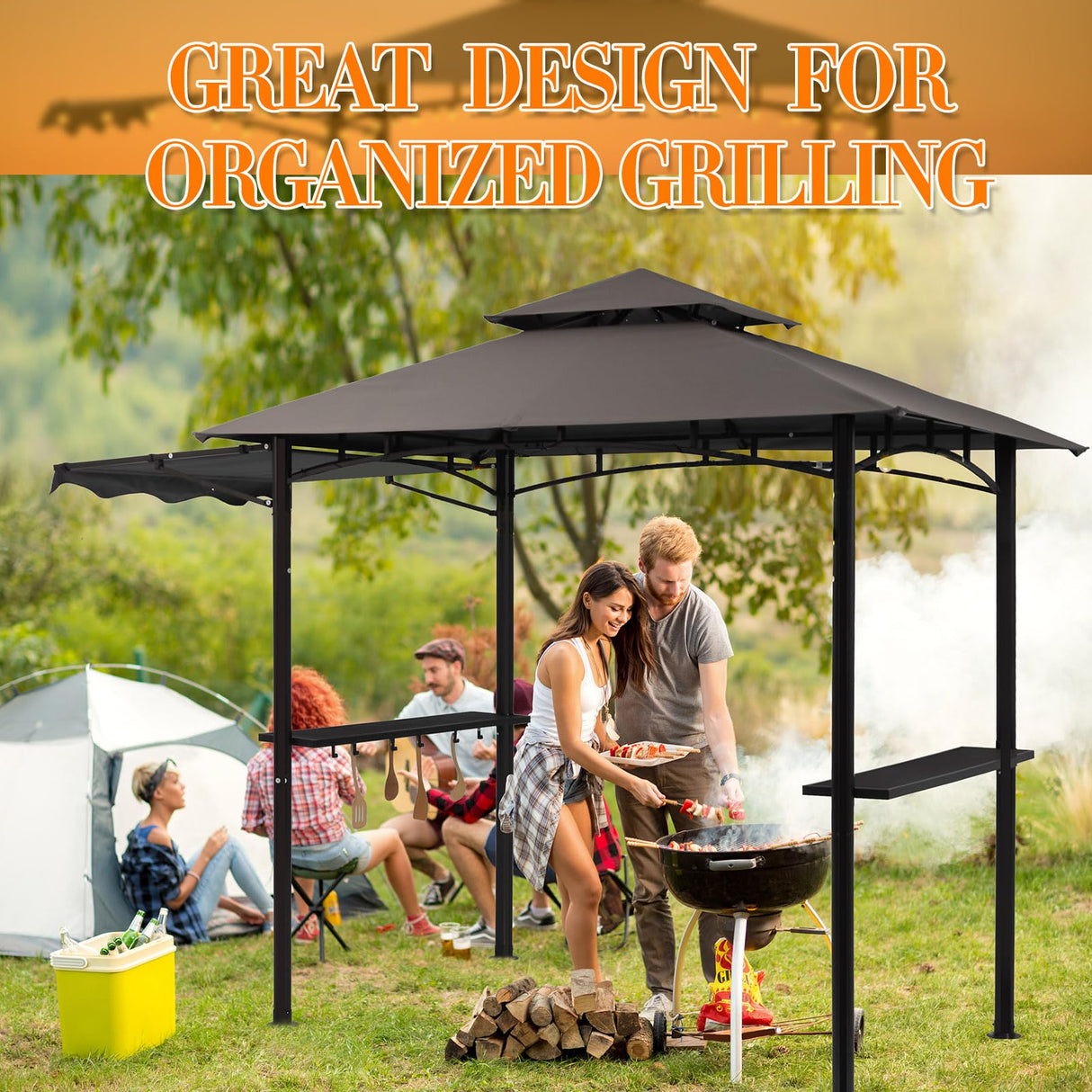 Burbell 5 x 11'grill Gazebo with Extra Shadow with 33ft Outdoor String Lights, Outdoor BBQ Grill Canopy with Extra Side Awnings and LED Lights with 40 Bulbs Waterproof for Patio Party Backyard (Brown) Burbell