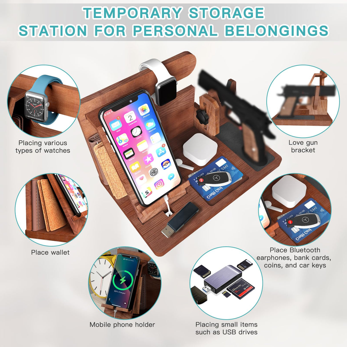 Wood Gun Holder Mens Gift Phone Wallet Docking Station Military Watch Night Stand Key Holder Side Table Charging Station Portable small item storage station DUXCIYHTA