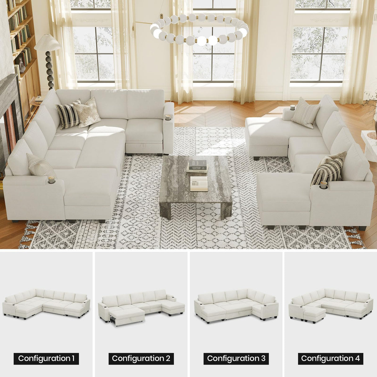 Belffin Oversized Sleeper Sofa U Shaped Modular Sectional Couch with Double Storage Chaise Convertible Sofa Bed. White Couch Belffin
