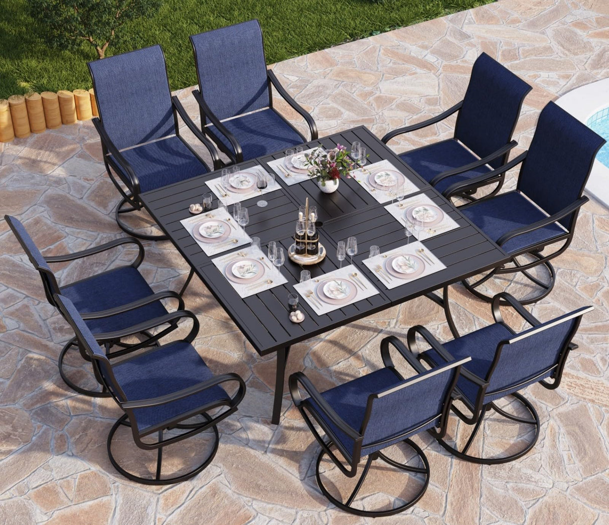 PHI VILLA 9 Piece Outdoor Patio Dining Set, Large Square Metal Dining Table and 8 Outdoor Swivel Dining Chairs, Patio Table and Blue Chair Furniture Dining Set for 8 Person PHI VILLA
