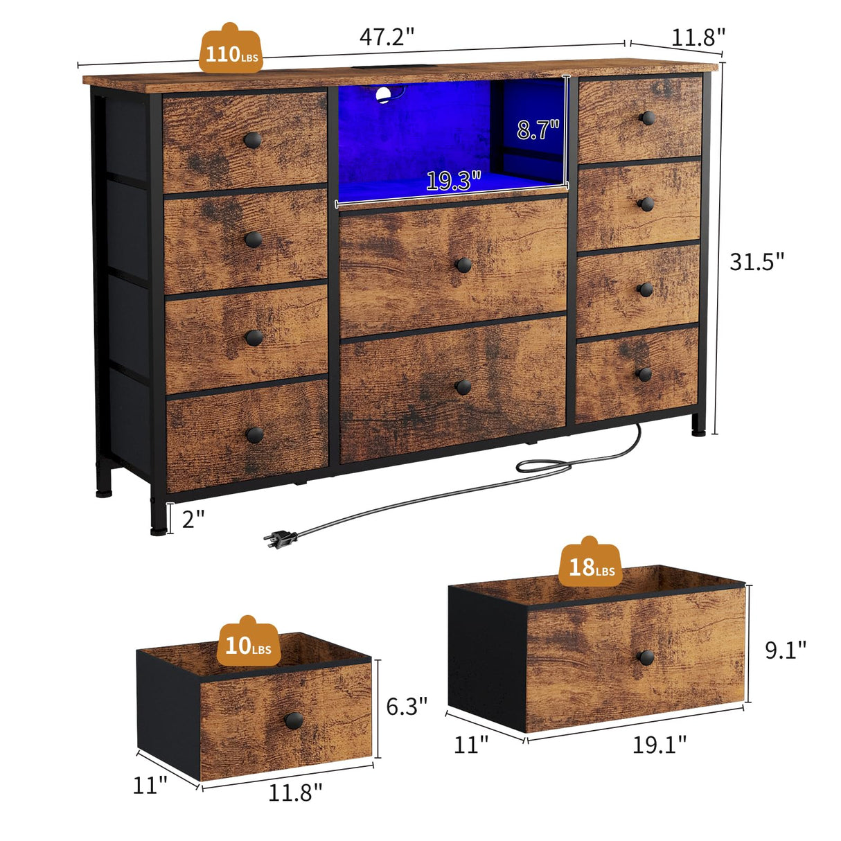 Dresser for Bedroom with 10 Drawers, Storage Organizer TV Stand for 55" TV with LED Lights and Sockets, Fabric Chest of Drawers with PU Finish for Kid Room, Entryway, Living Room, Hallway, Brown LIWEIJIA