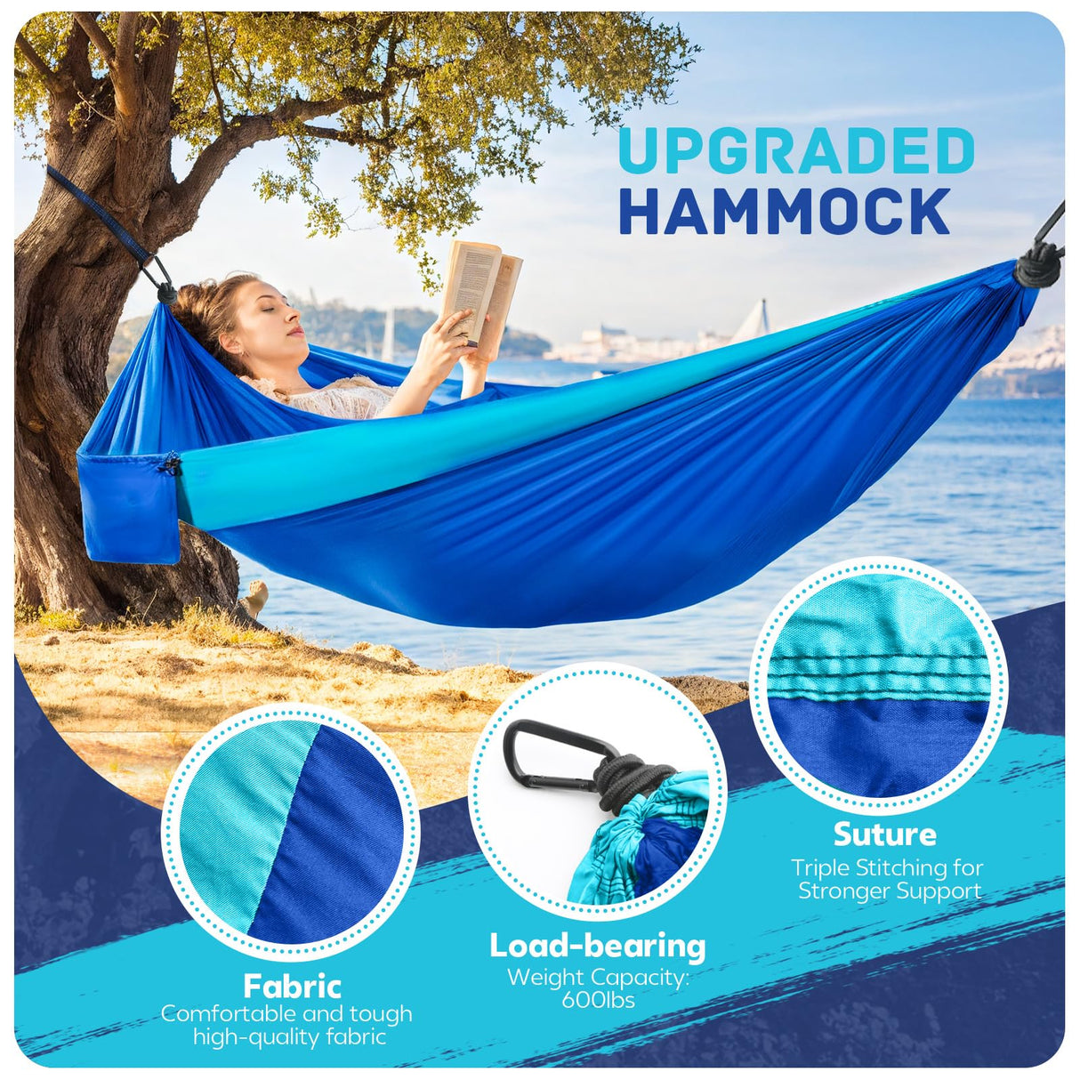 Camping Hammock Lightweight, Portable Hammocks Parachute Hammock with Two Tree Straps, Single or Double Travel Swing Nylon Camp Hammocks, Outdoor Essentials for Beach Backpacking Hiking, Blue PUPTILY
