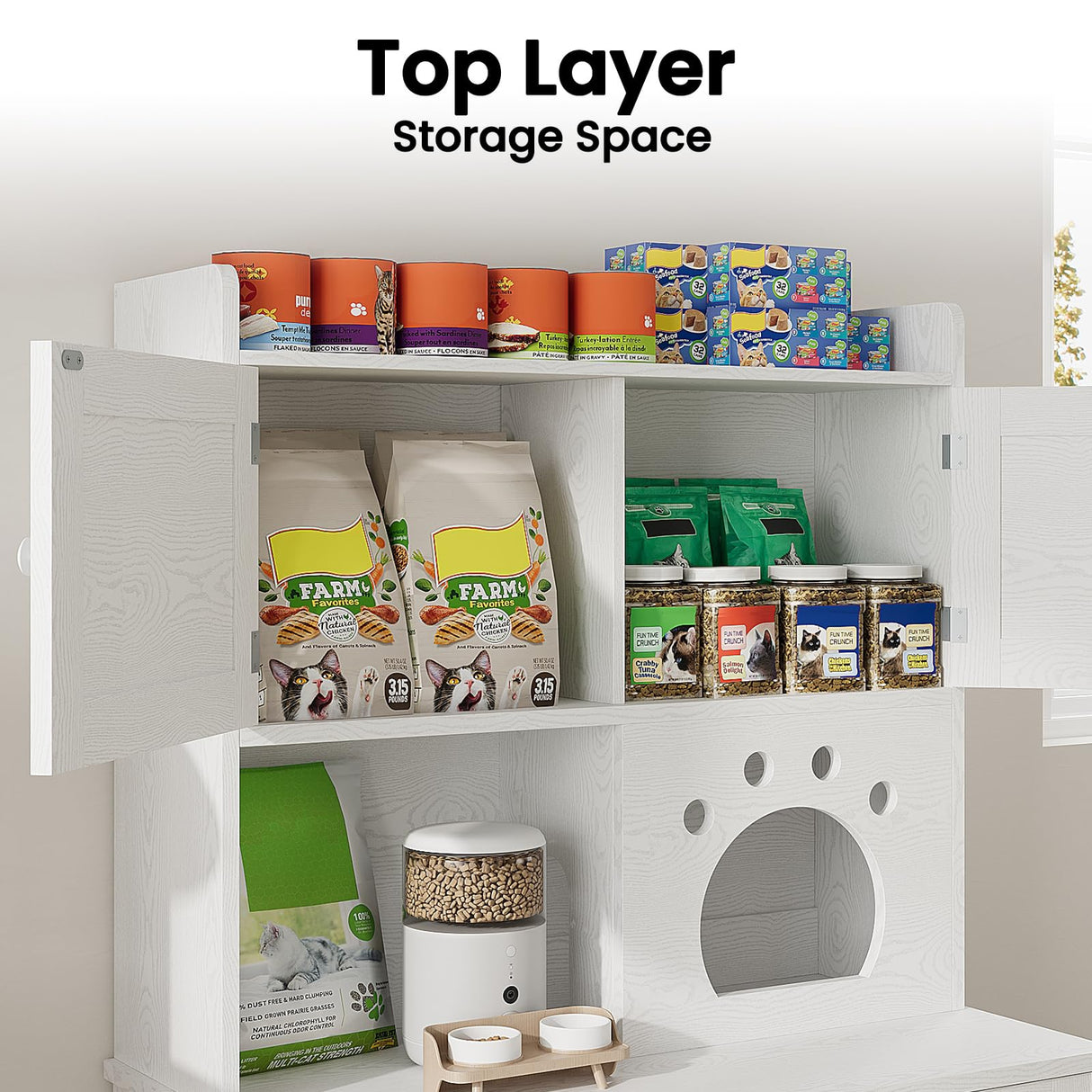 ANCTOR Multifunctional Cat Cabinet Cat Litter Box Enclosure Furniture 3-Tier Storage Play Area Tall Litter Box Furniture with Storage Easy Assembly (35.5”H, White) ANCTOR