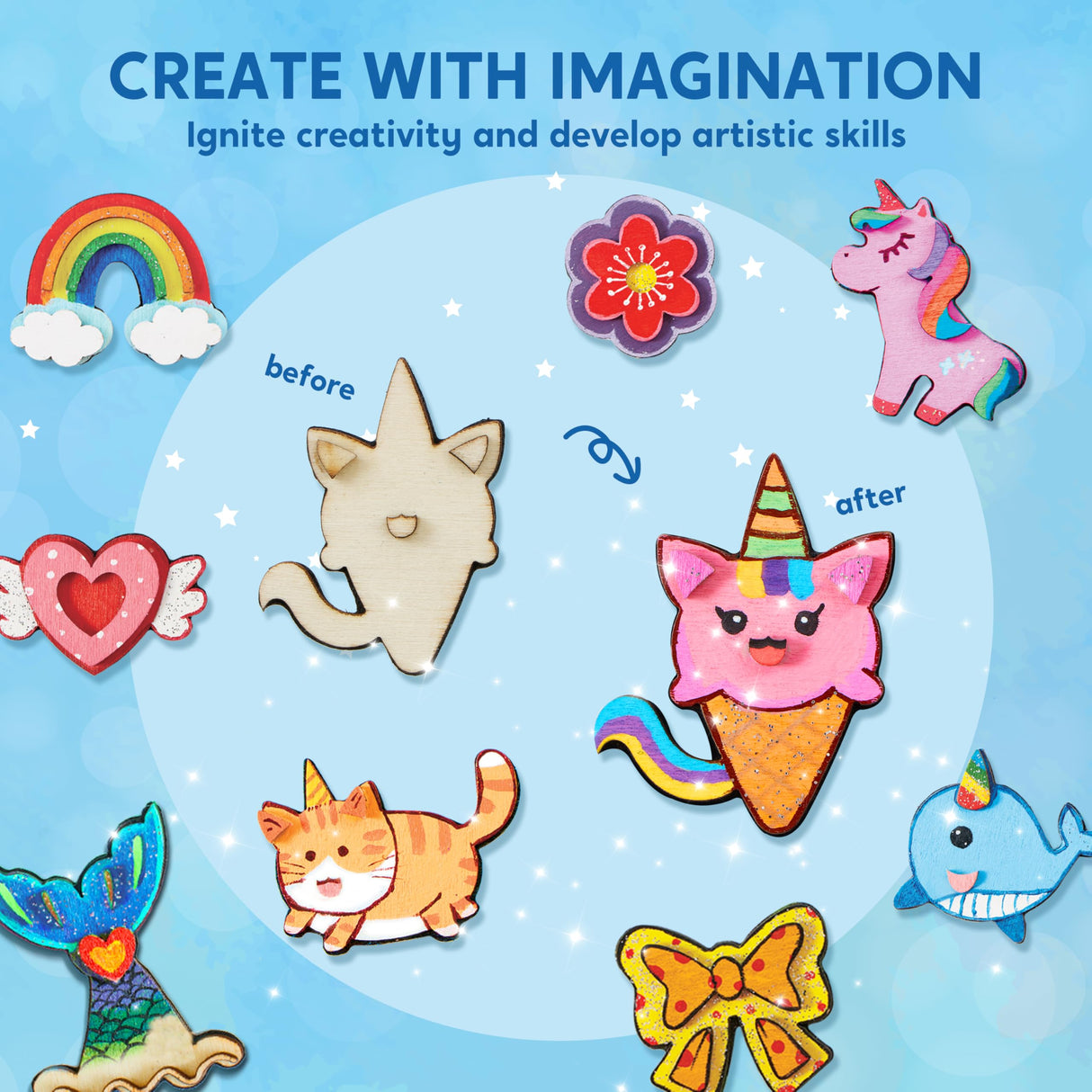 JOYIN 12 pcs Fantasy Wooden Magnets, Kids Unicorn Painting Craft, Spring and Rainy Day Activities School Art Projects, Toys for Kids Aged 3+ Birthday Easter JOYIN