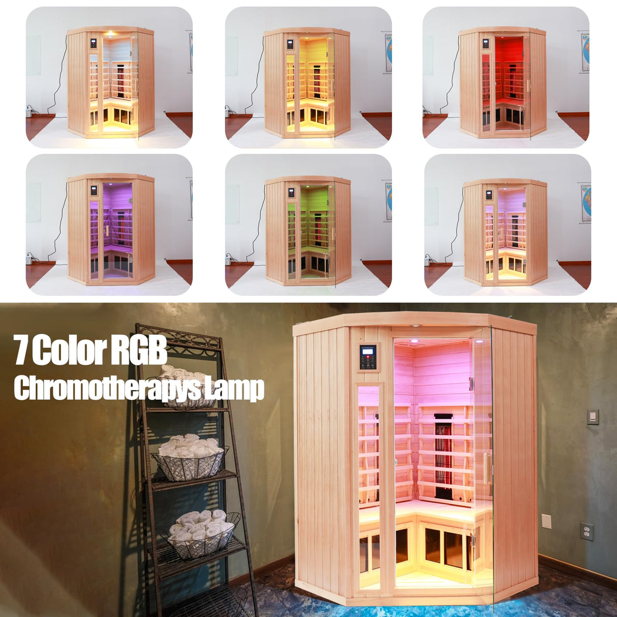KUNSANA 2-3 Person Infrared Saunas for Home, Low EMF Ceramic Infrared Sauna, Indoor Home Sauna Spa, Hemlock Wooden Corner Suana Room, Bluetooth Speakers, Chromotherapy Lights KUNSANA