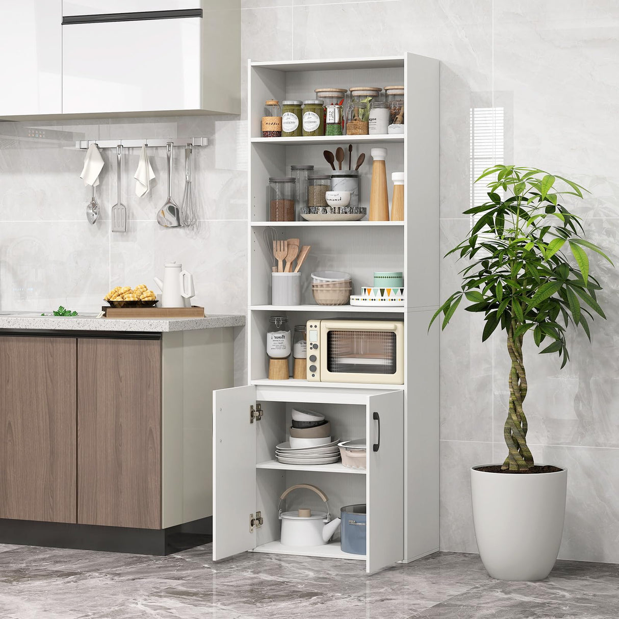 IFANNY 4 Shelf Bookcase with Doors, 70'' Tall Bookshelves and Bookcases, Vertical Bookshelf Tower, Wood Storage Shelves, Modern Book Shelf for Bedroom, Living Room, Home Office (White, 70''H) IFANNY