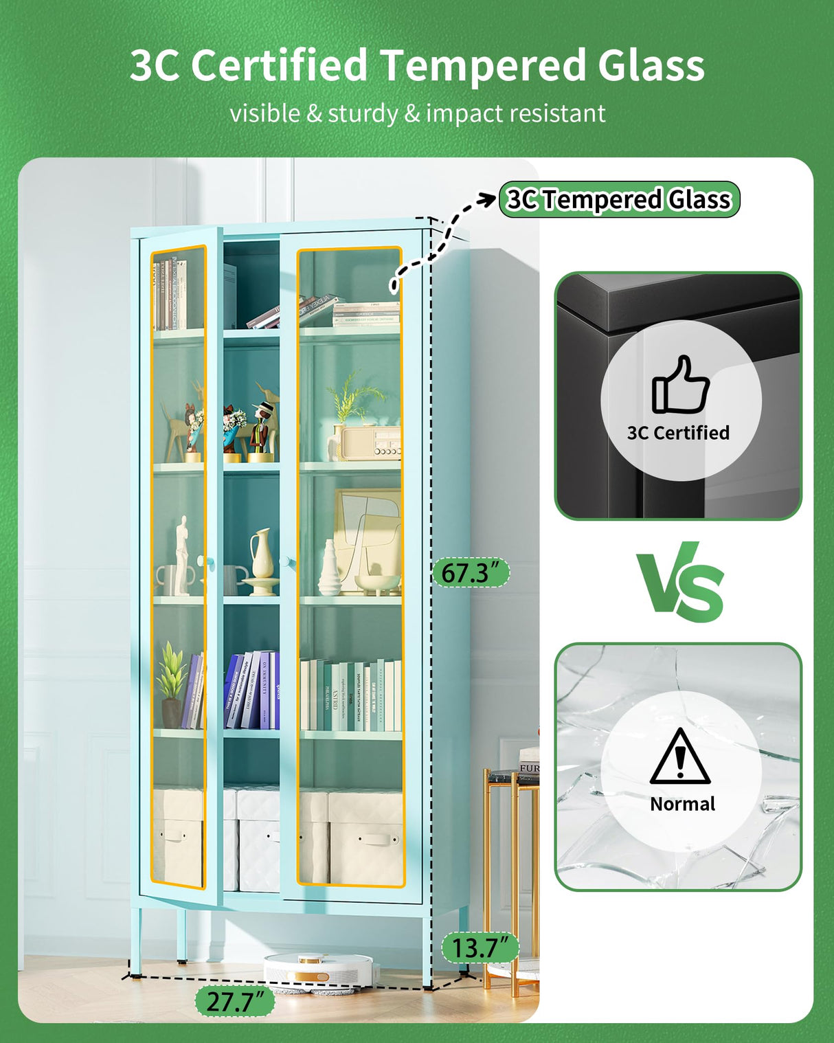 Bonusall Display Cabinet with Glass Doors,67” Metal Display Curio Cabinet with Glass Doors and 4 Adjustable Shelves for Collectibles,Home Office,Living Room,Gaming Room(Blue) Bonusall