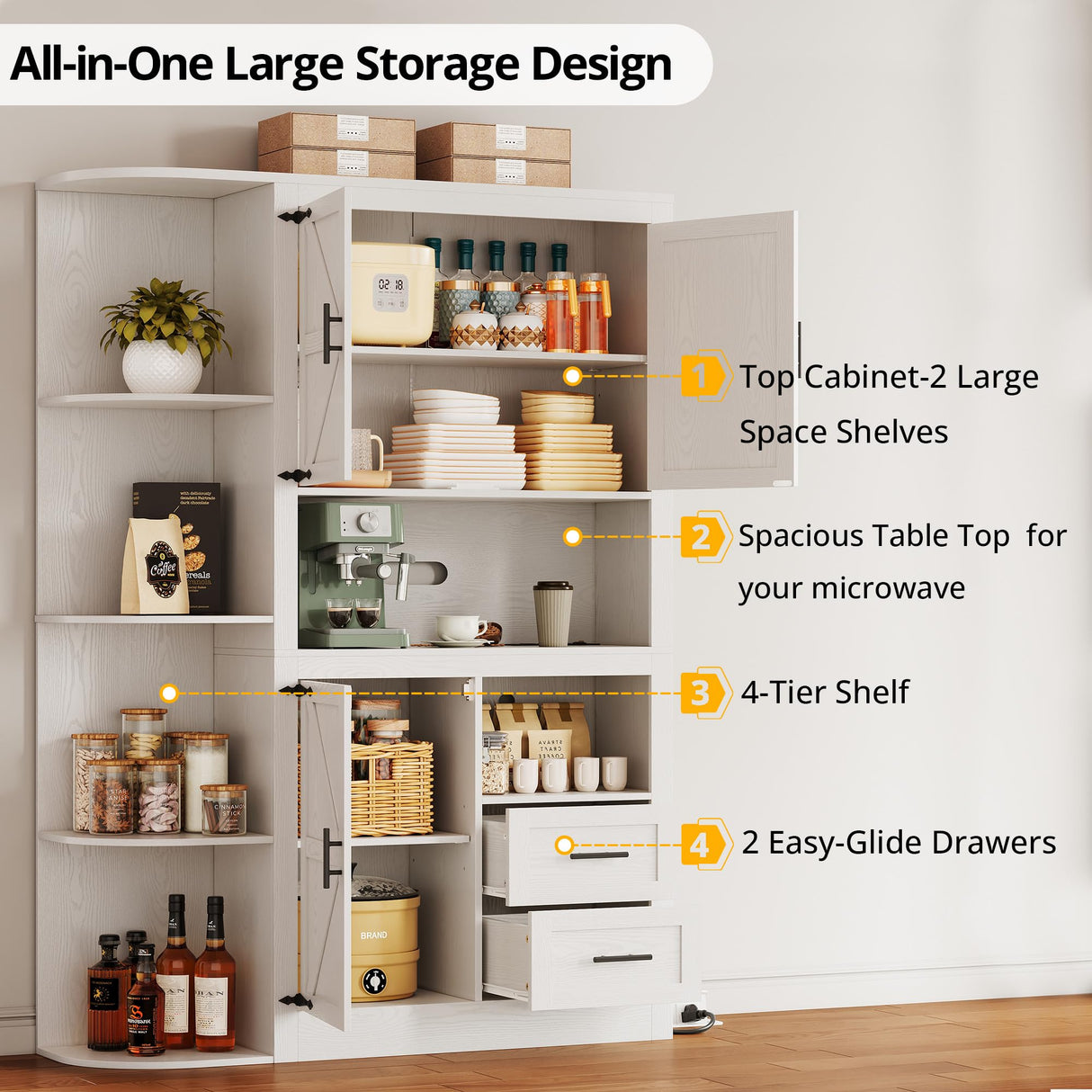 IRONCK 70" Farmhouse Kitchen Pantry, Storage Cabinet with Power Outlets, 4 Side Shelves, Buffet Sideboard with Microwave Stand, Coffee Bar with 2 Drawers, Cupboard for Dining Room, White IRONCK