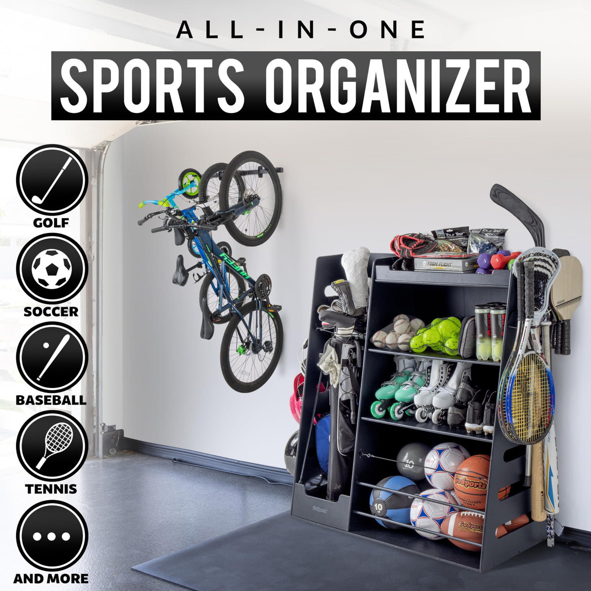 GoSports Premium Wooden Sports Equipment Organizer with Storage Hooks - Golf Bag Rack and Multi-Sport Ball Bin for Garage GoSports