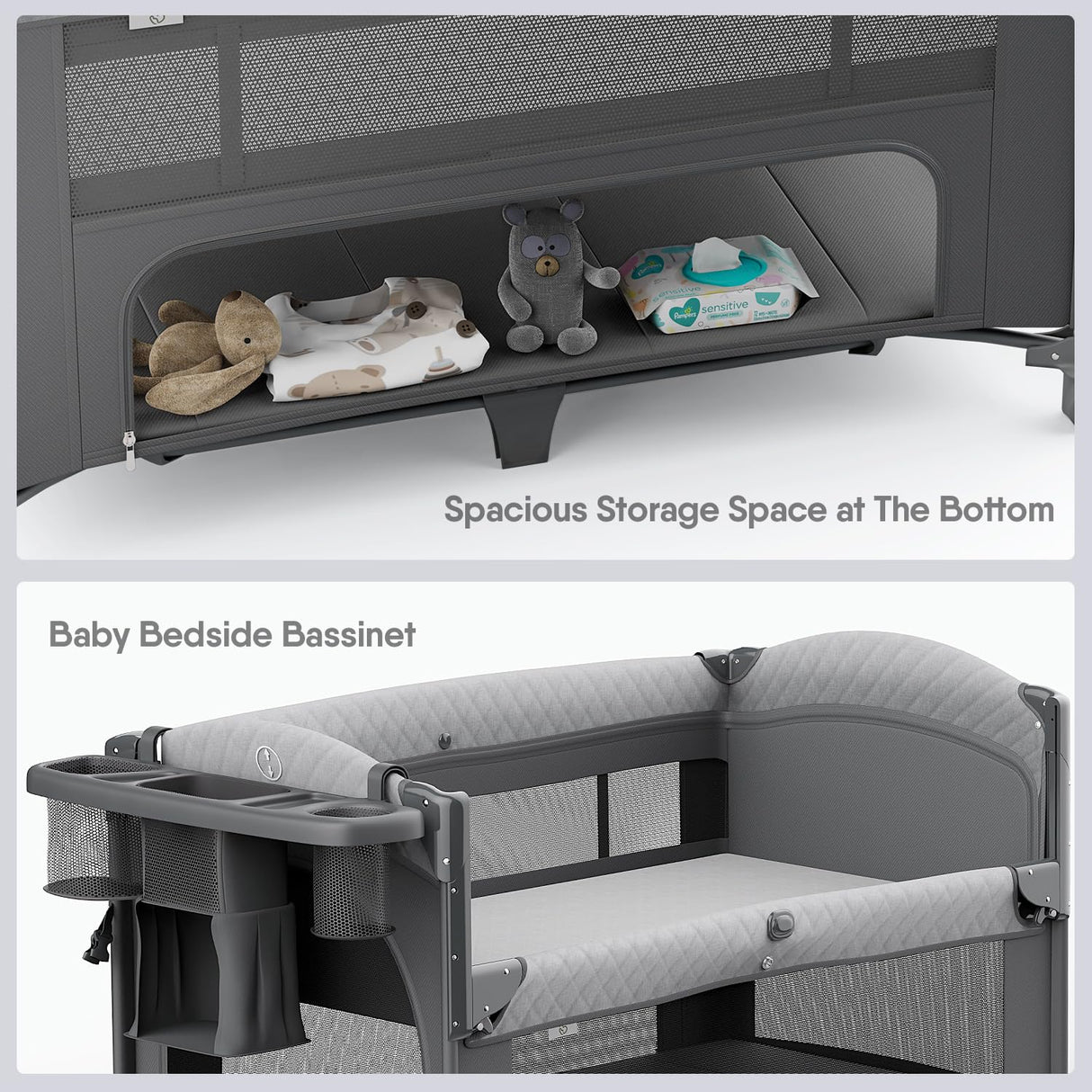 Obee Odee 4 in 1 Baby Bassinet, Pack and Play, Bedside Crib Sleeper, Diaper Changer - Comes with Mattress, Mosquito Net,Bottom Storage and Toy Bar for Newborn to Toddles Obee Odee