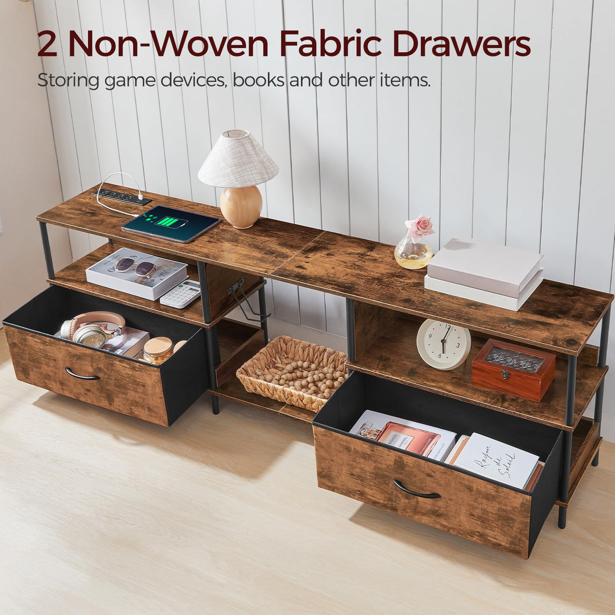 MAHANCRIS LED TV Stand with Charging Station and 2 Fabric Drawers, Entertainment Center for TVs up to 80", TV Console Table with Open Storage Shelf, for Living Room, Rustic Brown TVHR136E01 MAHANCRIS