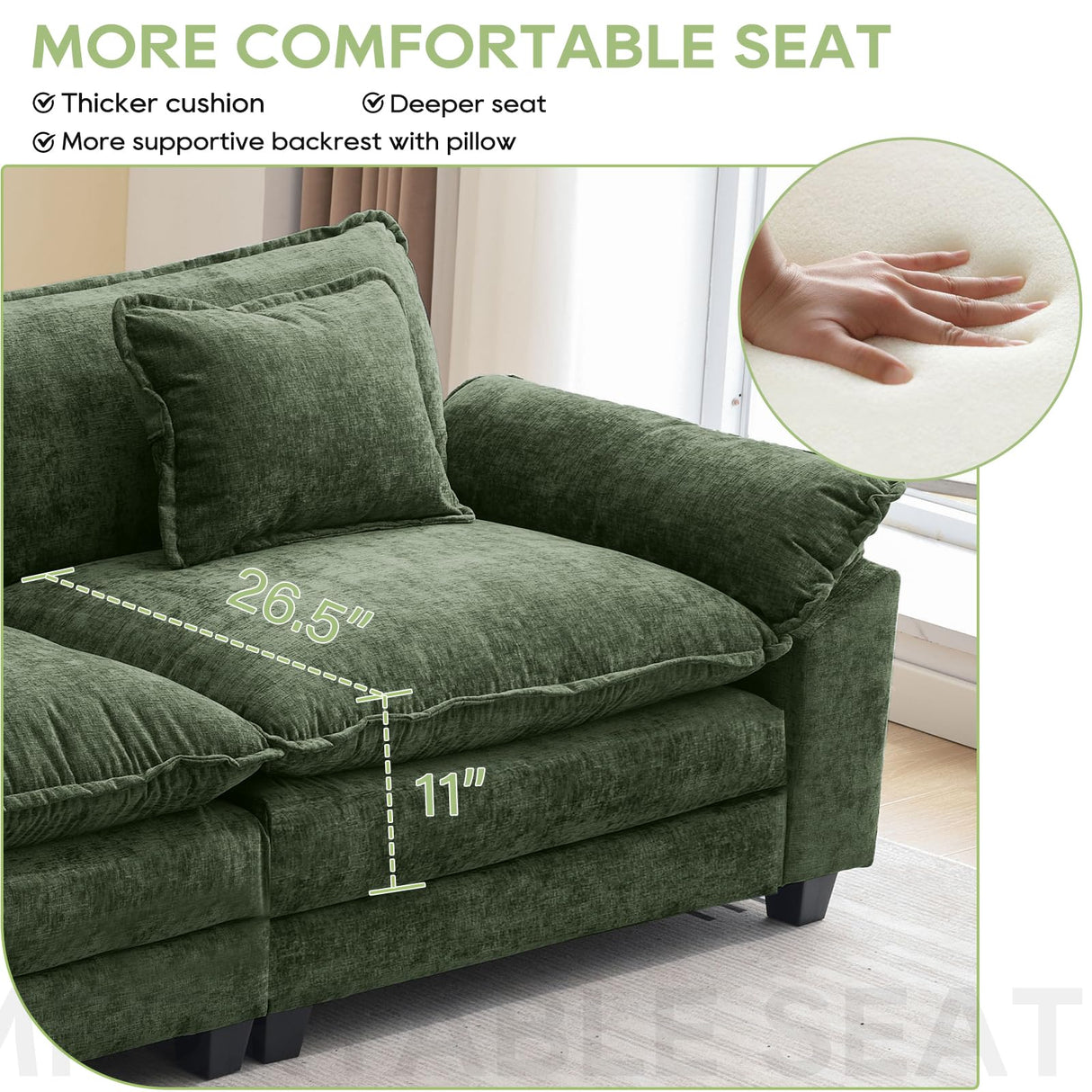 Oprisen 86" Modular Sectional Sofa, Comfy Cloud Couch Sectional Sofa with Ottoman, Chenille Sofa Sleeper Deep Seat Sofa with Throw Pillows for Living Room (Green, 86"- L Shape) Oprisen