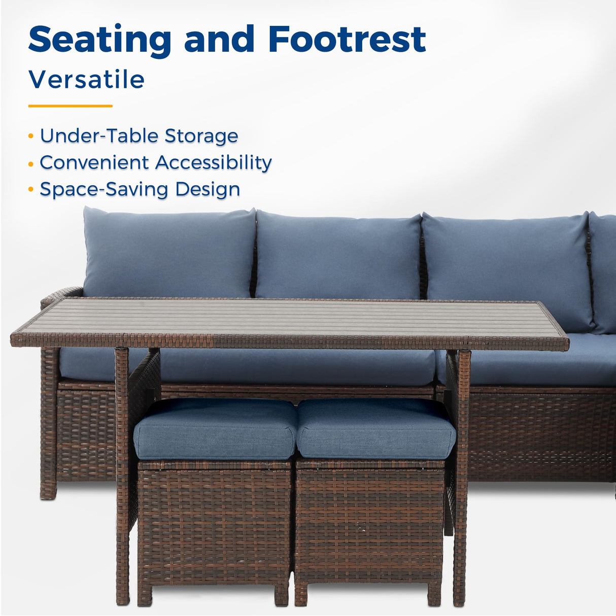 Wisteria Lane 7 Pieces Patio Furniture Set Outdoor Furniture Sectional, High Back Outdoor Patio Dining Table Set, Wicker Patio Conversation Set with Cushions for Balcony Lawn and Garden, Blue Wisteria Lane