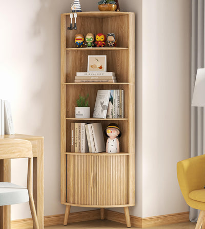 Limaoaio 5-Tier Corner Shelf, 66.73''Tall Modern Corner Bookshelf, 5 Shelf Bookcase with 2 Fluted Doors, Freestanding Wood Corner Display Storage Shelf Organizer for Living Room, Office (Wood Color)