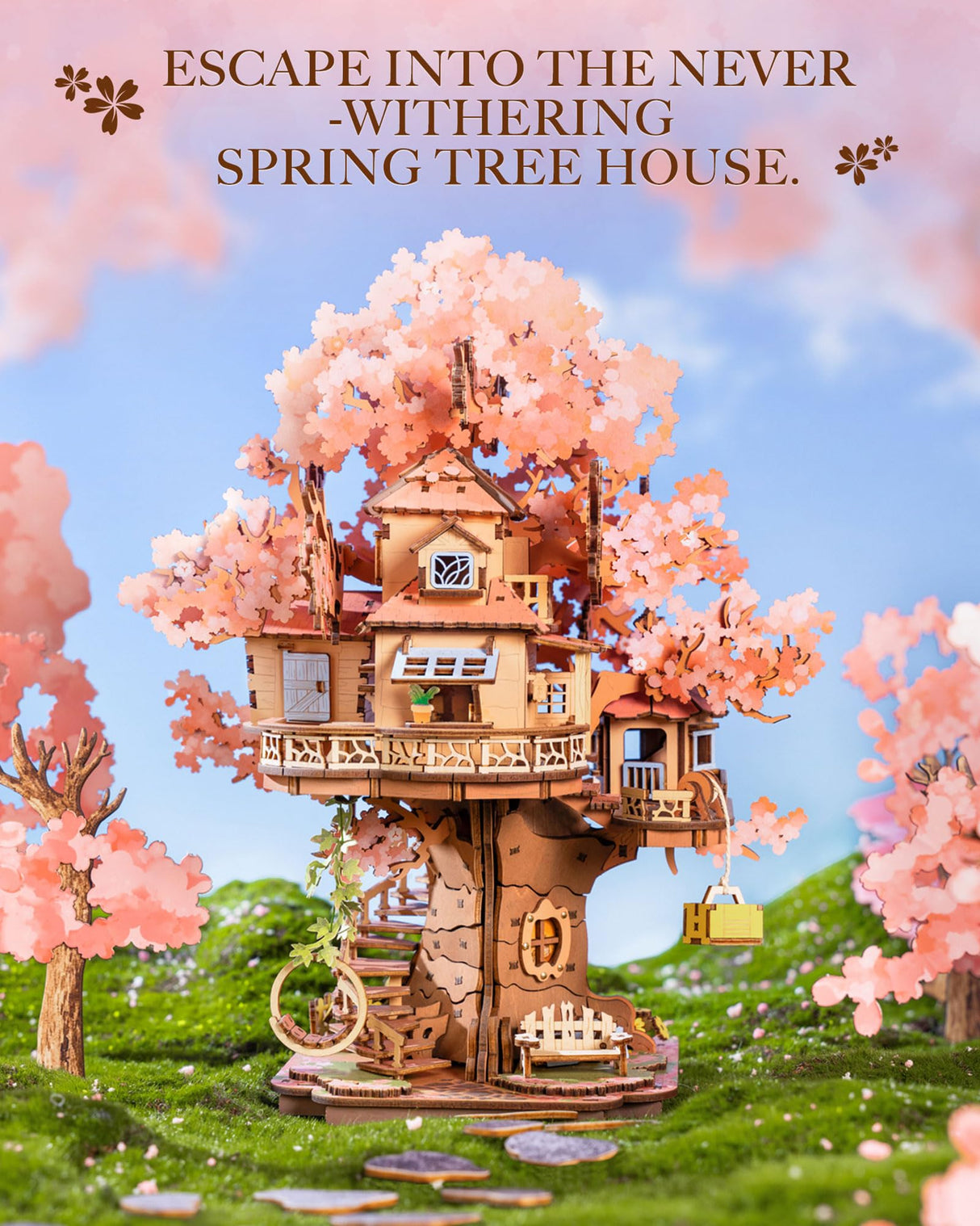 Rolife DIY Miniature House Kits Sakura Tree House 12" 3D Wooden Puzzles for Adults, Japanese Cherry Blossom Model Building Kit, Bonsai Craft Home Decor Gifts for Teens Family Rolife