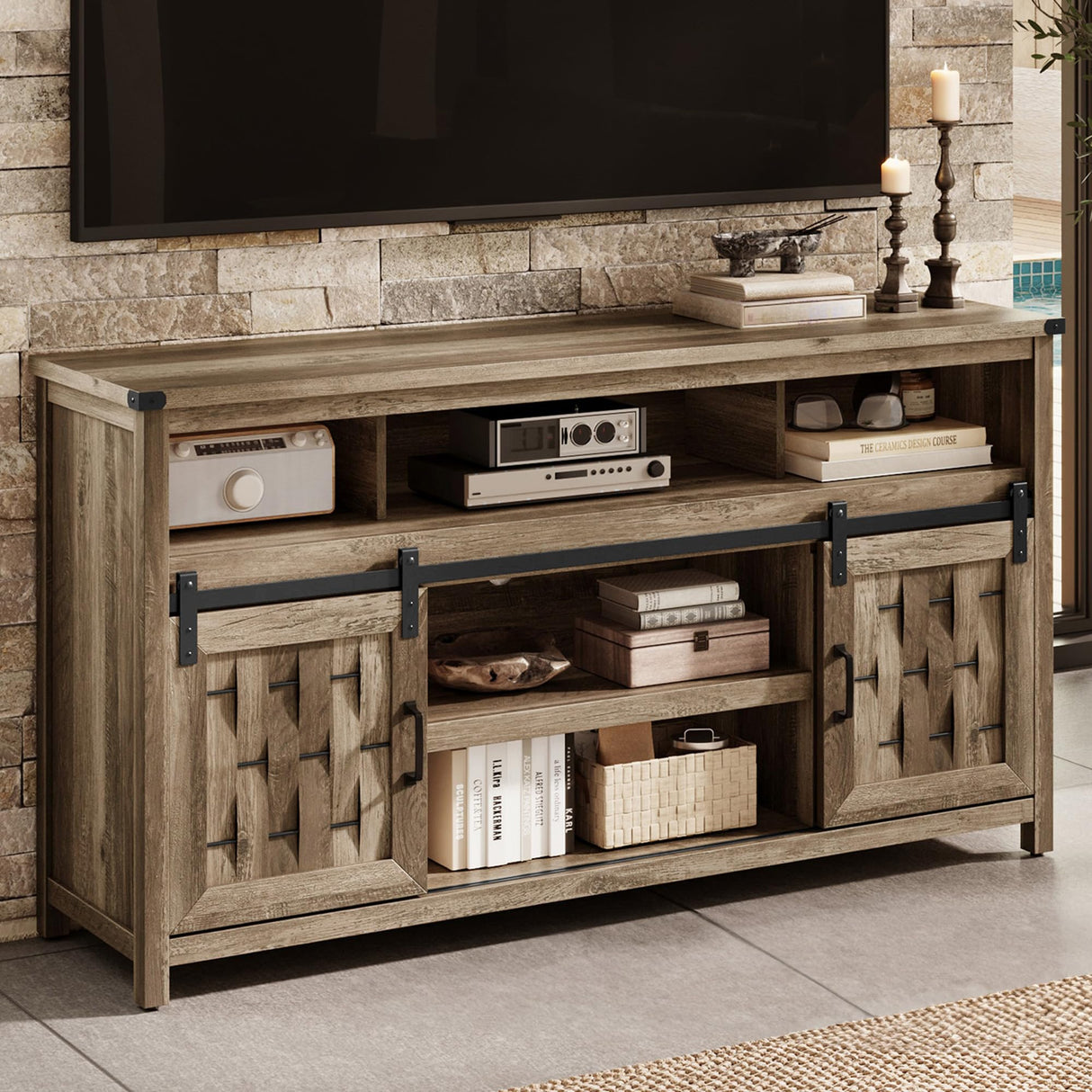LINSY HOME Farmhouse TV Stand for 65 Inch TV, Tall Highboy Entertainment Center with Sliding Barn Door, Rustic Media Console with Storage Shelves, Wood Television Stand for Living Room, Light Brown LINSY HOME