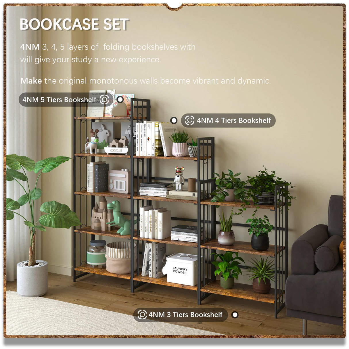 Folding 5-Tier Vintage Bookshelf by 4NM - Rustic Brown and Black Storage Solution 4NM