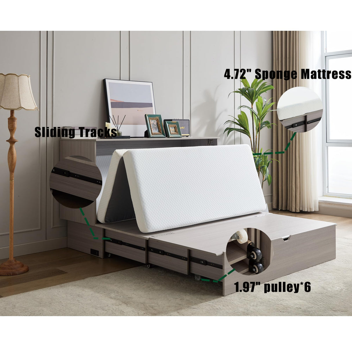 Ball & Cast Queen Size Murphy Bed Wall Chest with Oversized Drawers and Folding Foam Mattress,Wood Hideaway Cabinet Platform Bedframe w/Set of Sockets & USB Ports,Space-Saving,for Small Room,Gray Ball & Cast