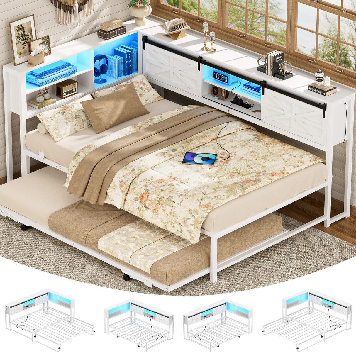 Homieasy Corner Bed Frame with Trundle, Reversible Metal Twin Daybed with LED & Charging Station, Farmhouse Platform Bed Frame with Bookcase Storage for Bedroom Guest/Living Room, White Homieasy