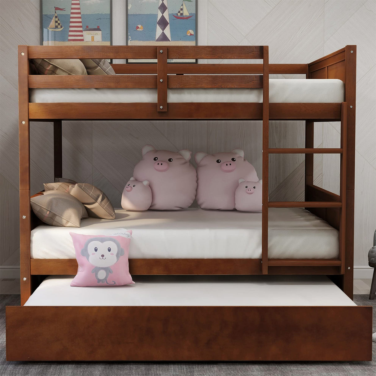 MERITLINE Walnut Full Over Full Bunk Bed with Twin Trundle for Kids and Teens MERITLINE