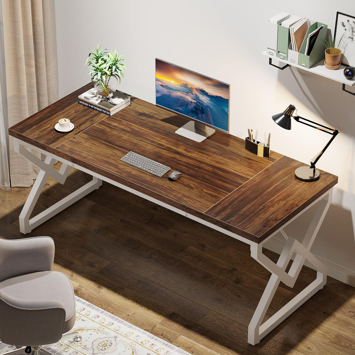 Tribesigns 63 Inch Executive Desk, Large Office Computer Desk with Extra Thick Wooden Tabletop and Metal Frame, Modern Simple Workstation Writing Table Study Desk for Home Office, Brown+White Tribesigns
