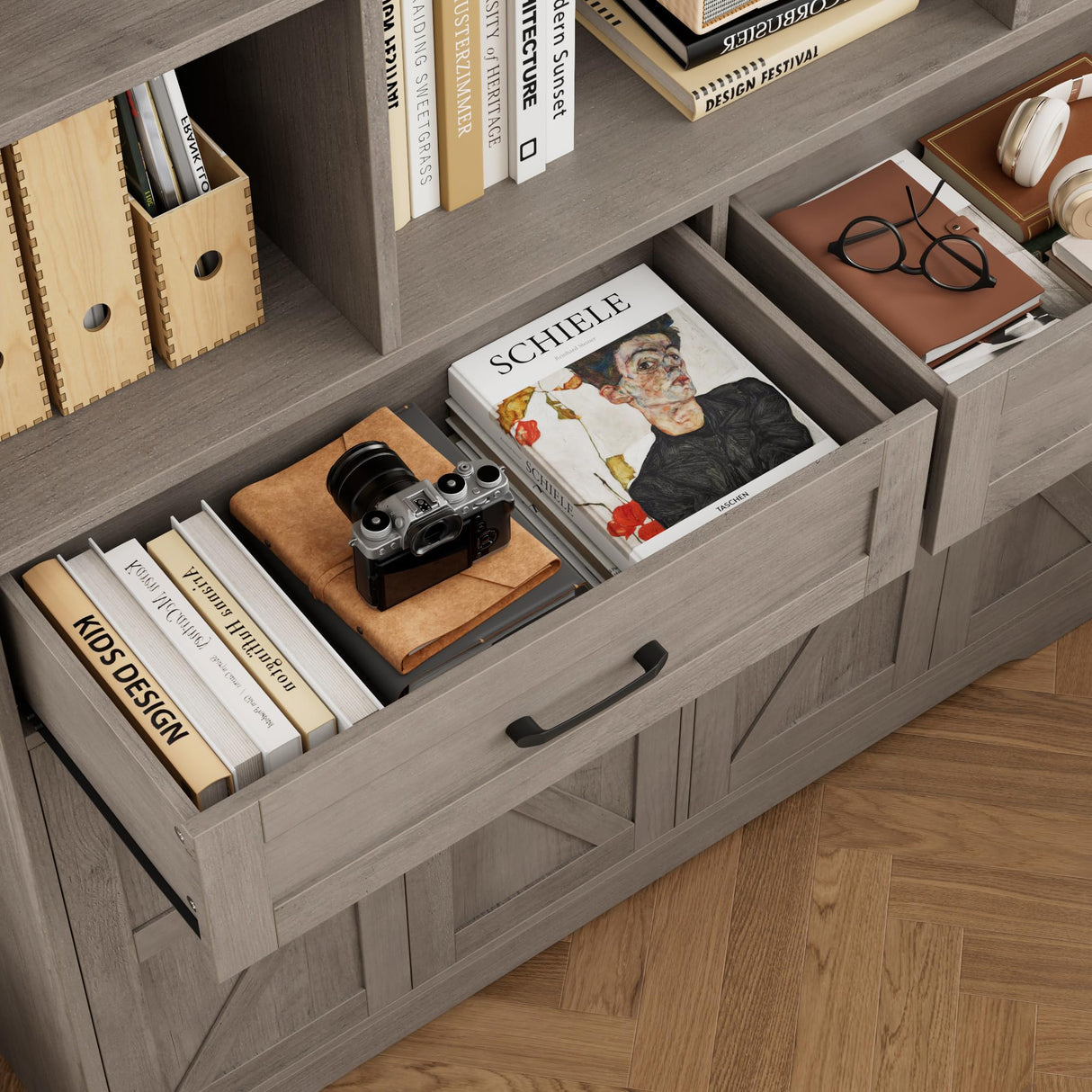 HOSTACK 71" Tall Bookcase with Drawers and Doors, 47" Wide Book Shelf and Bookcase with Storage, 6 Tier Large Book Storage Cabinet with Display Shelves for Living Room, Home Office, Ash Grey HOSTACK