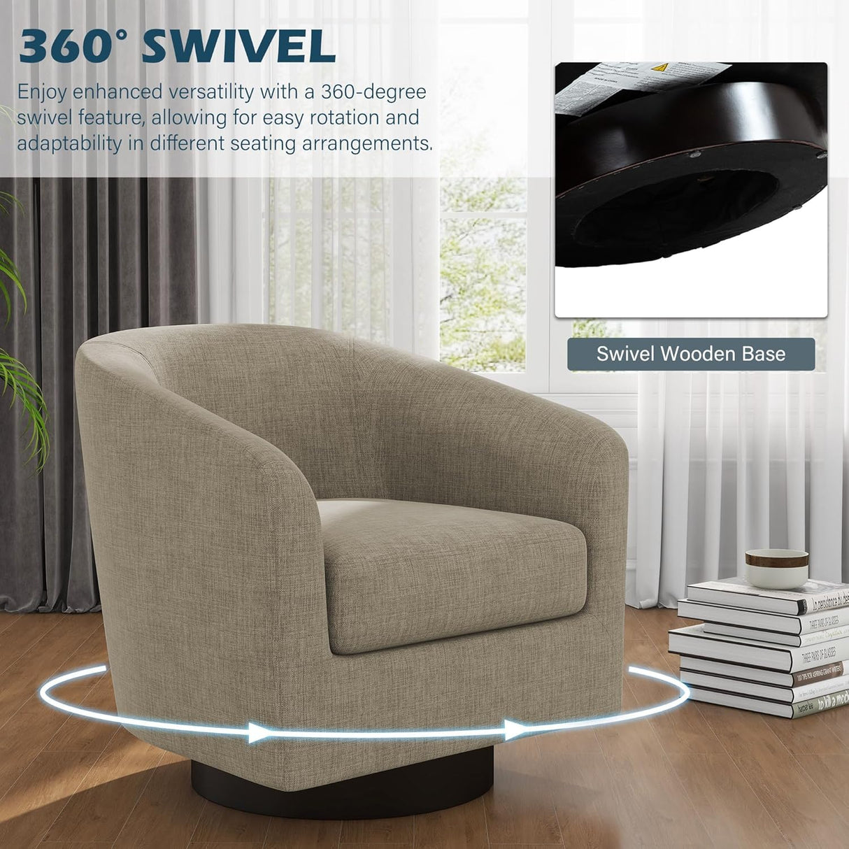 UIXE Swivel Accent Chairs Set of 2, Barrel Club Chair Upholstered Armchair in Fabric for Living Room, Round Arm Chair Bedroom Single Sofa Reading Seat - Light Brown UIXE