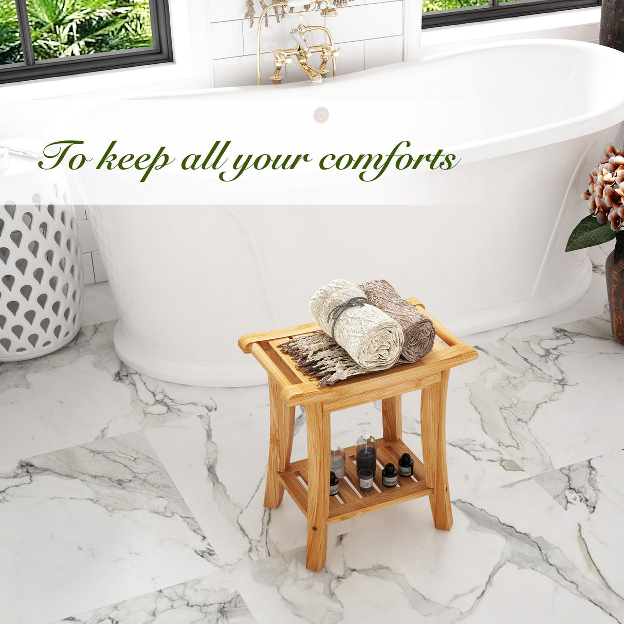 Unibambou Bamboo Shower Bench Inside Shower Stool with Storage Shelf, Spa Bath Chair for Bathroom, Seat or Organizer for Living Room, Bedroom and Garden - Great for All Ages Elderly (Small, Natural) Unibambou