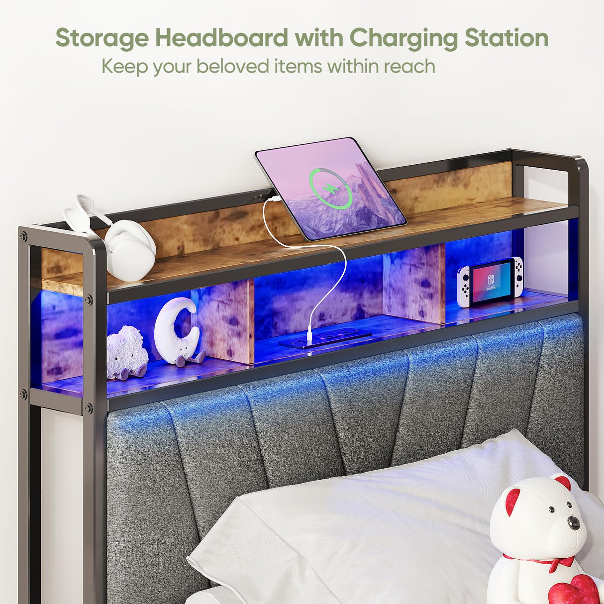 Welzona Twin Bed Frames, Metal Bed Frames with Charging Station, LED Lights Bed Frames with Upholstered Storage Headboard, Sturdy and Noise-Free, Storage Space Under Bed, No Box Spring Needed, Brown Welzona