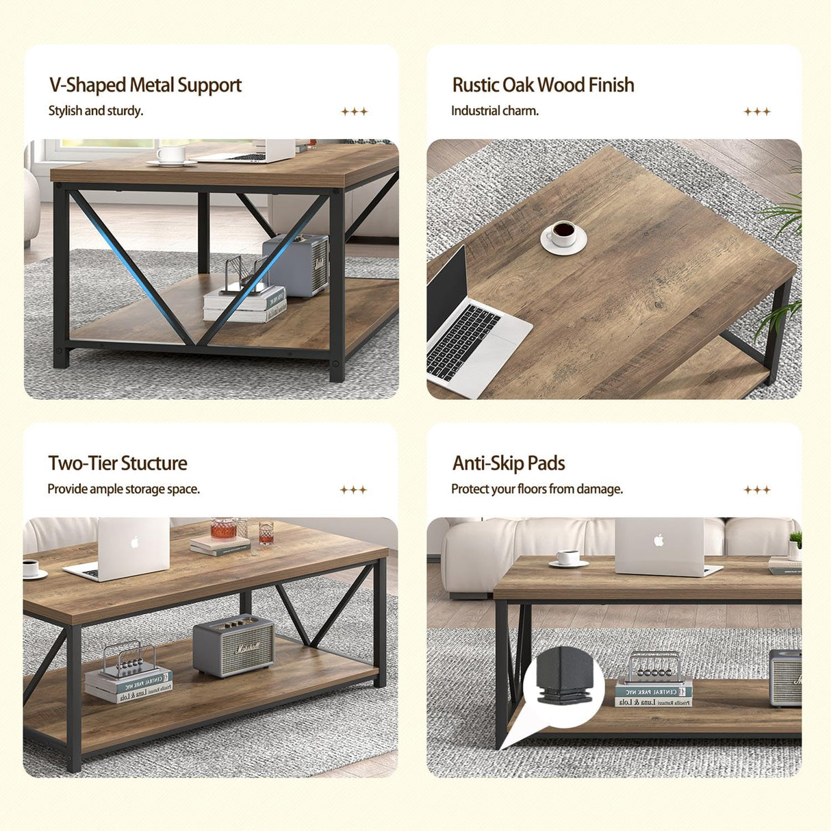 FOLUBAN Modern Coffee Table, Living Room Center Table with Storage, Wood and Metal Cocktail Table, Rustic Oak, 47 Inch FOLUBAN