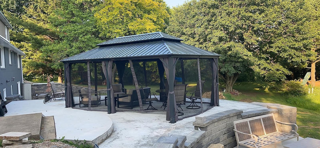 Domi 12’ X 20’ Hardtop Gazebo Canopy with Netting & Curtains, Outdoor Aluminum Gazebo with Galvanized Steel Double Roof for Patio Lawn and Garden, Gray domi outdoor living