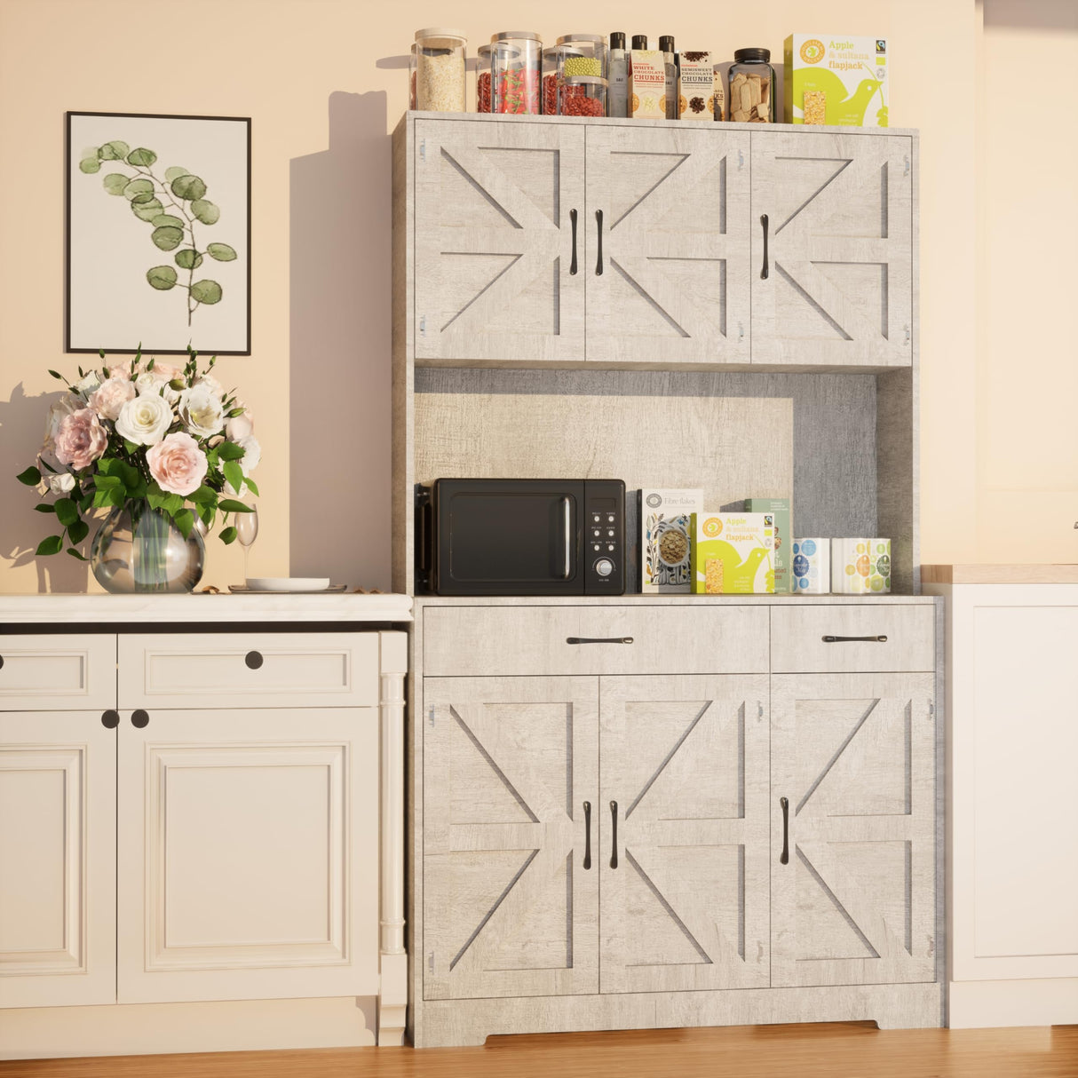 Azaeahom 71" Pantry Cabinet with Charging Station, Kitchen Storage Cabinet with Microwave Stand, 8-Zone Organization, 2 Smooth-Glide Drawers, Open Countertop for Dining, Kitchen, Living Room (Gray) Azaeahom