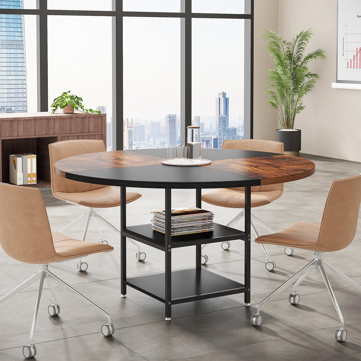 Tribesigns 47-Inch Round Conference Table for 4-6 People, Wood Meeting Room Table with Storage Shelf and Metal Legs, Modern Office Training Desk for Conference Room Seminar Room (Black Brown) Tribesigns