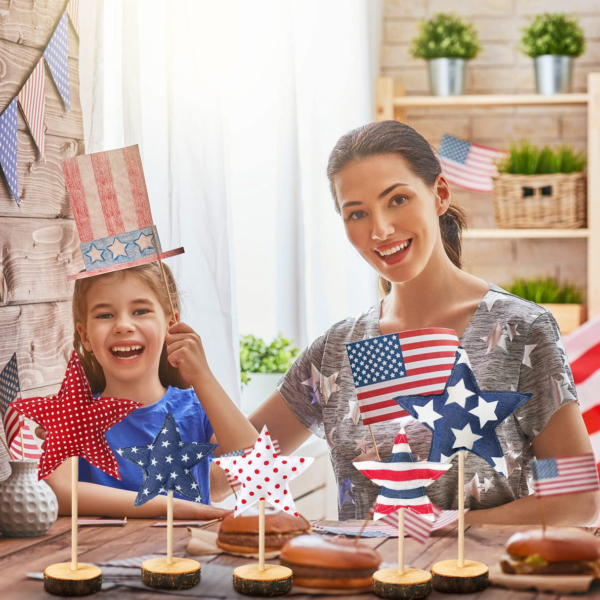 5 Pcs 4th of July Table Centerpiece Standing 3D Star Decor Wood Patriotic Sign Block Fabric Ornaments Rustic Fourth of July Independence Day Crafts for American Festival Party Home Decoration Sintuff