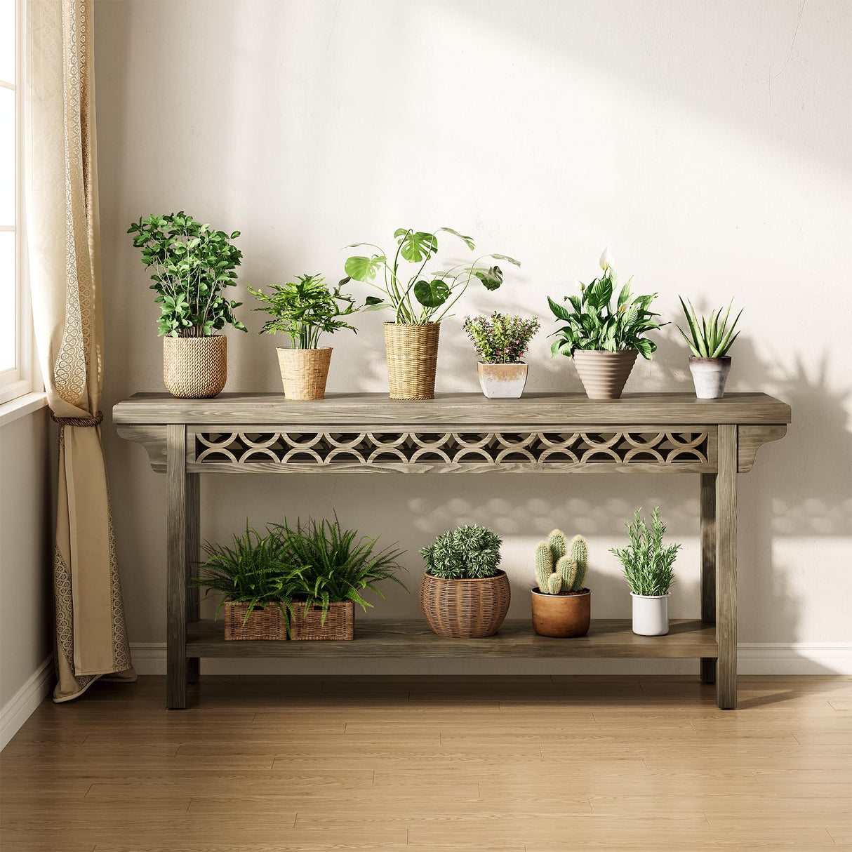 LITTLE TREE 70.87-Inch Long Console, Solid Wood Farmhouse Narrow Entryway Table with Shelf, Rustic Sofa Table for Living Room, Hallway, Grey LITTLE TREE