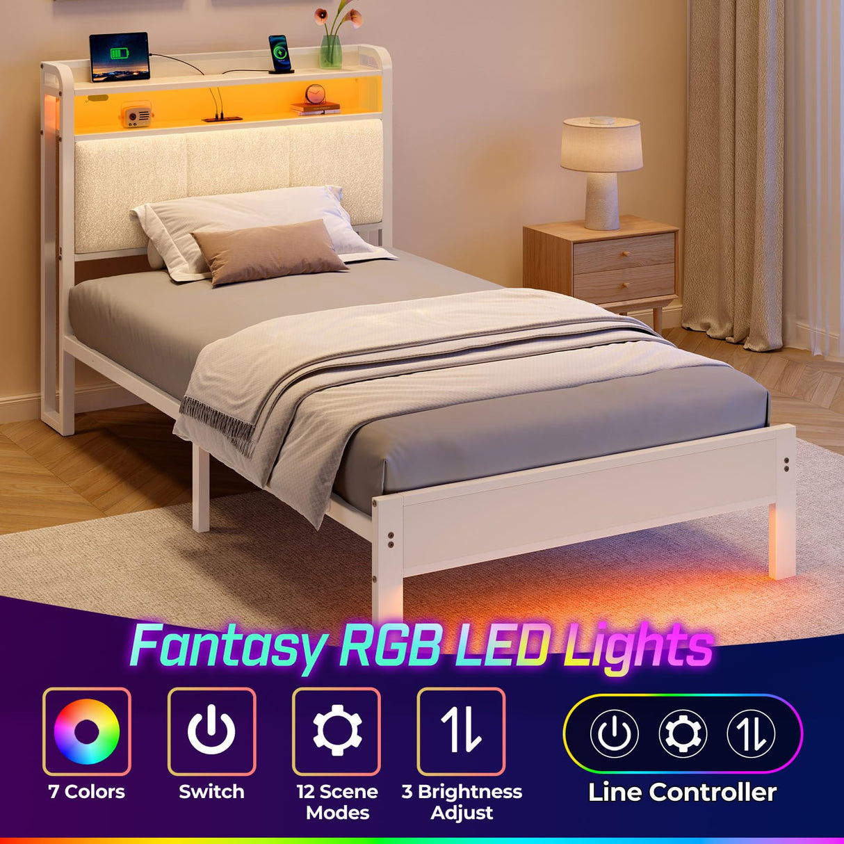 Rolanstar Bed Frame Twin Size with Charging Station and LED Lights, Upholstered Headboard with Storage Shelves, Heavy Duty Metal Slats, No Box Spring Need, Noise Free, Easy Assembly, White Rolanstar