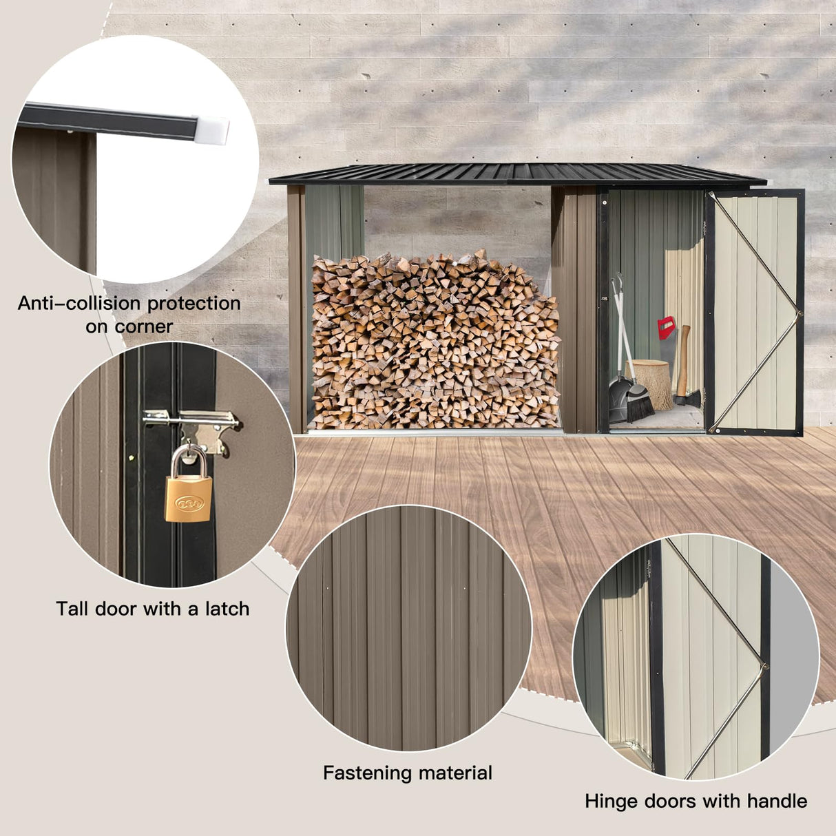 YOPTO Firewood Rack Outdoor Metal Storage Shed,Two-in-one Function with Sloped Roof and Open Woodshed Design,Tall Door w/a Latch,Waterproof Building Organizer,for Motorcycle,Bicycles,Black+Brown YOPTO